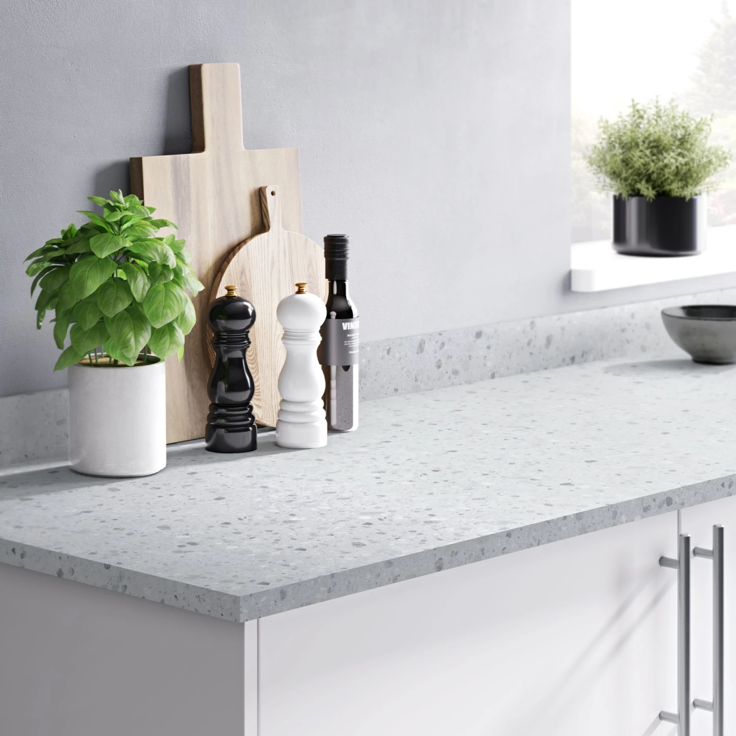 GoodHome 22mm Algiata Matt Grey Terrazzo Effect Chipboard & Laminate Square Edge Kitchen Worktop, (L)3000mm 5 GoodHome 22mm Algiata Matt Grey Terrazzo Effect Chipboard & Laminate Square Edge Kitchen Worktop, (L)3000mm - Image 3