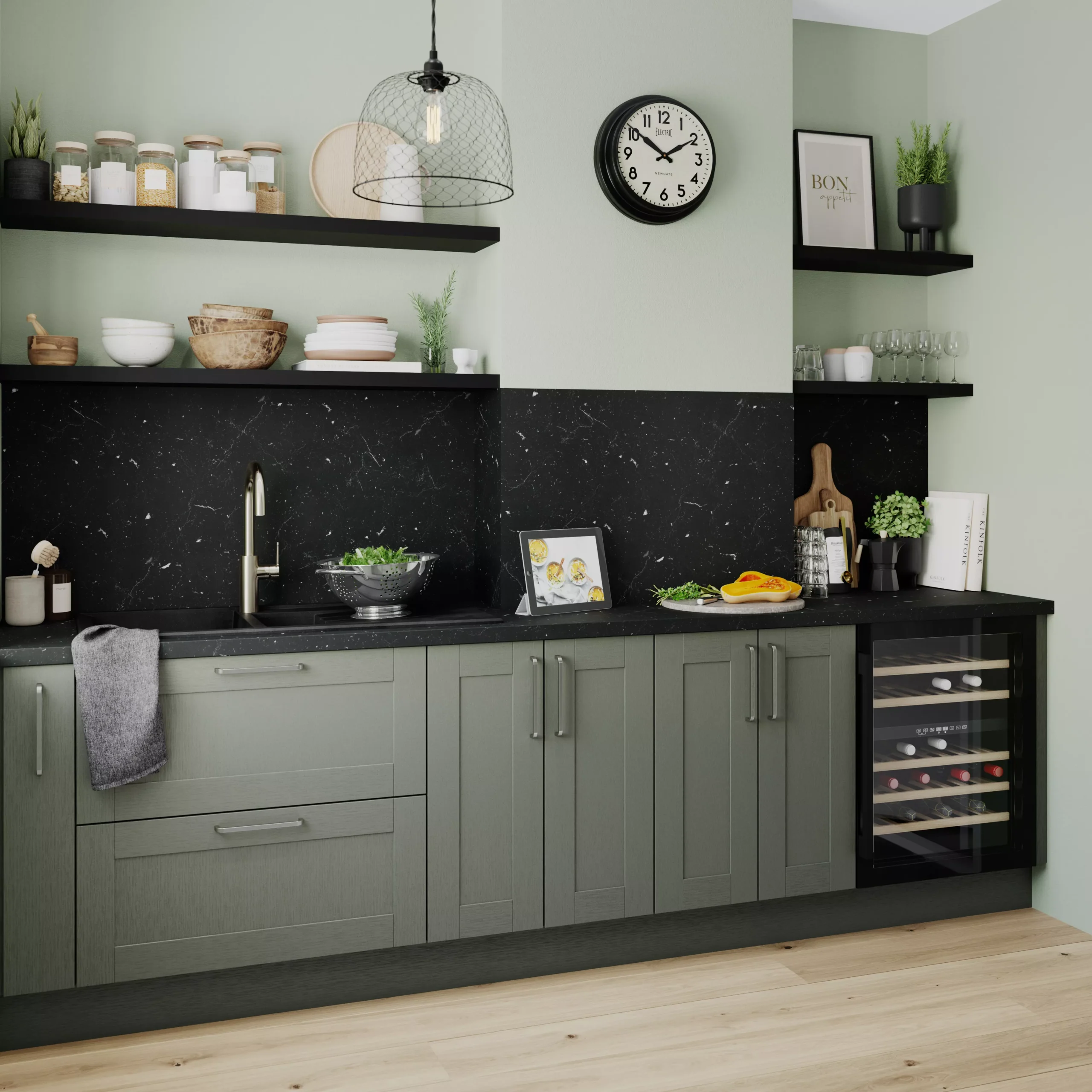GoodHome Alpinia Matt Green Painted Wood Effect Shaker Base Kitchen Cabinet (W)1000mm (H)720mm 6 GoodHome Alpinia Matt Green Painted Wood Effect Shaker Base Kitchen Cabinet (W)1000mm (H)720mm - Image 4