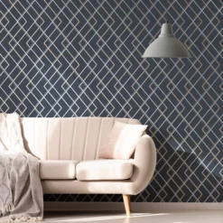 GoodHome Ashbourne Blue Geometric Metallic Effect Smooth Wallpaper -Trade point goodhome ashbourne blue geometric metallic effect smooth wallpaper5059340410623 20i