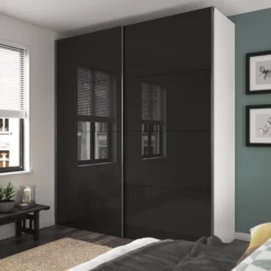 GoodHome Atomia Freestanding High Gloss White & Anthracite 2 Door Large Double Sliding Door Wardrobe (H)2250mm (W)1500mm (D)635mm -Trade point goodhome atomia freestanding high gloss white anthracite 2 door large double sliding door wardrobe h 2250mm w 1500mm d 635mm5059340102054 01i