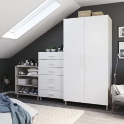 GoodHome Atomia Freestanding Matt White Oak Effect 2 Door Medium Wardrobe (H)1975mm (W)1000mm (D)600mm -Trade point goodhome atomia freestanding matt white oak effect 2 door medium wardrobe h 1975mm w 1000mm d 600mm5059340102948 01i