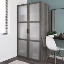 GoodHome Atomia Freestanding Opaque Mirrored Grey Oak Effect 2 Door Medium Wardrobe (D)580mm -Trade point goodhome atomia freestanding opaque mirrored grey oak effect 2 door medium wardrobe d 580mm5059340102863 01i