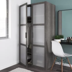 GoodHome Atomia Freestanding Opaque Mirrored Grey Oak Effect 2 Door Medium Wardrobe (D)580mm -Trade point goodhome atomia freestanding opaque mirrored grey oak effect 2 door medium wardrobe d 580mm5059340102863 02i