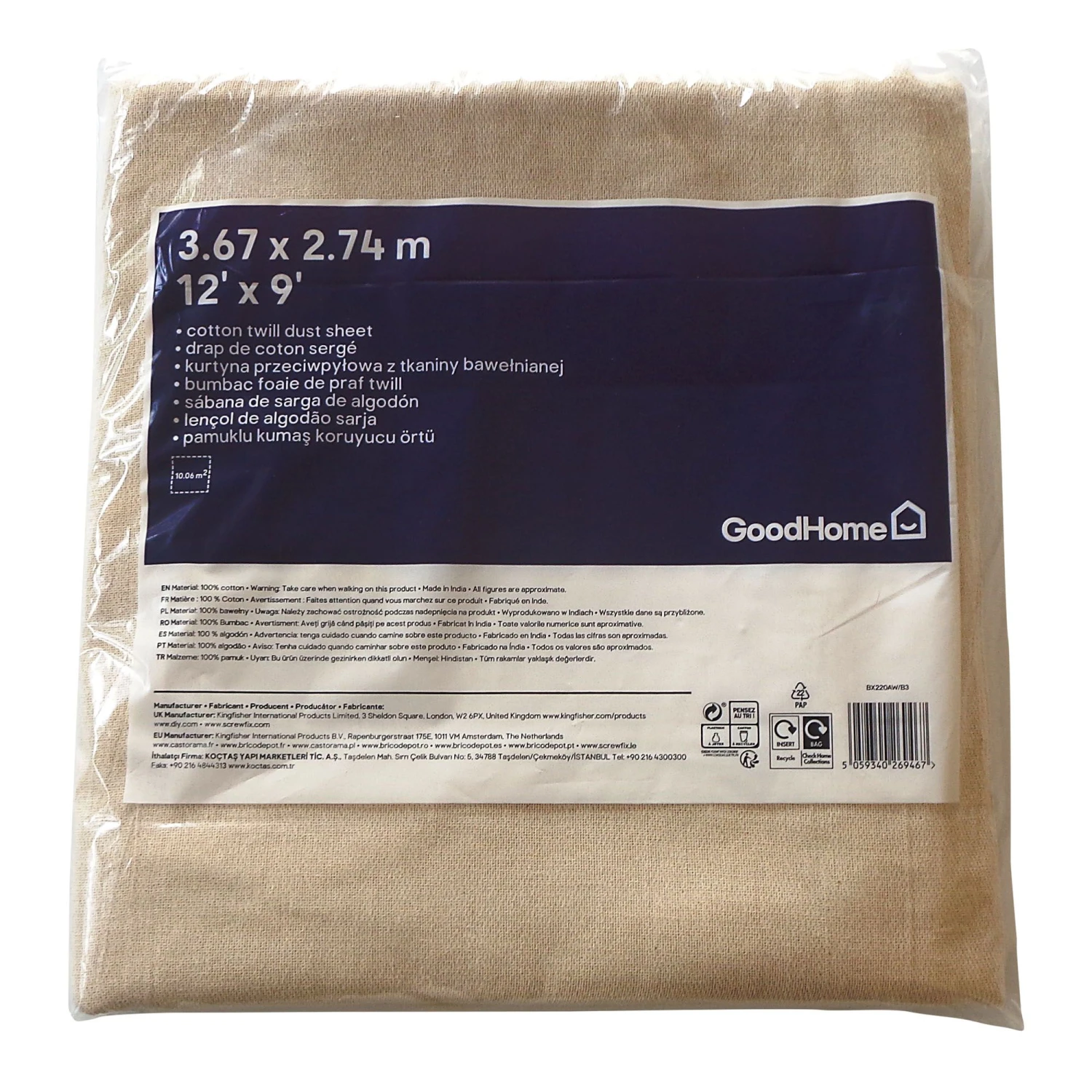 GoodHome Cotton Surface Cover, (L)3.67m, (W)2.74m 4 GoodHome Cotton Surface Cover, (L)3.67m, (W)2.74m - Image 2