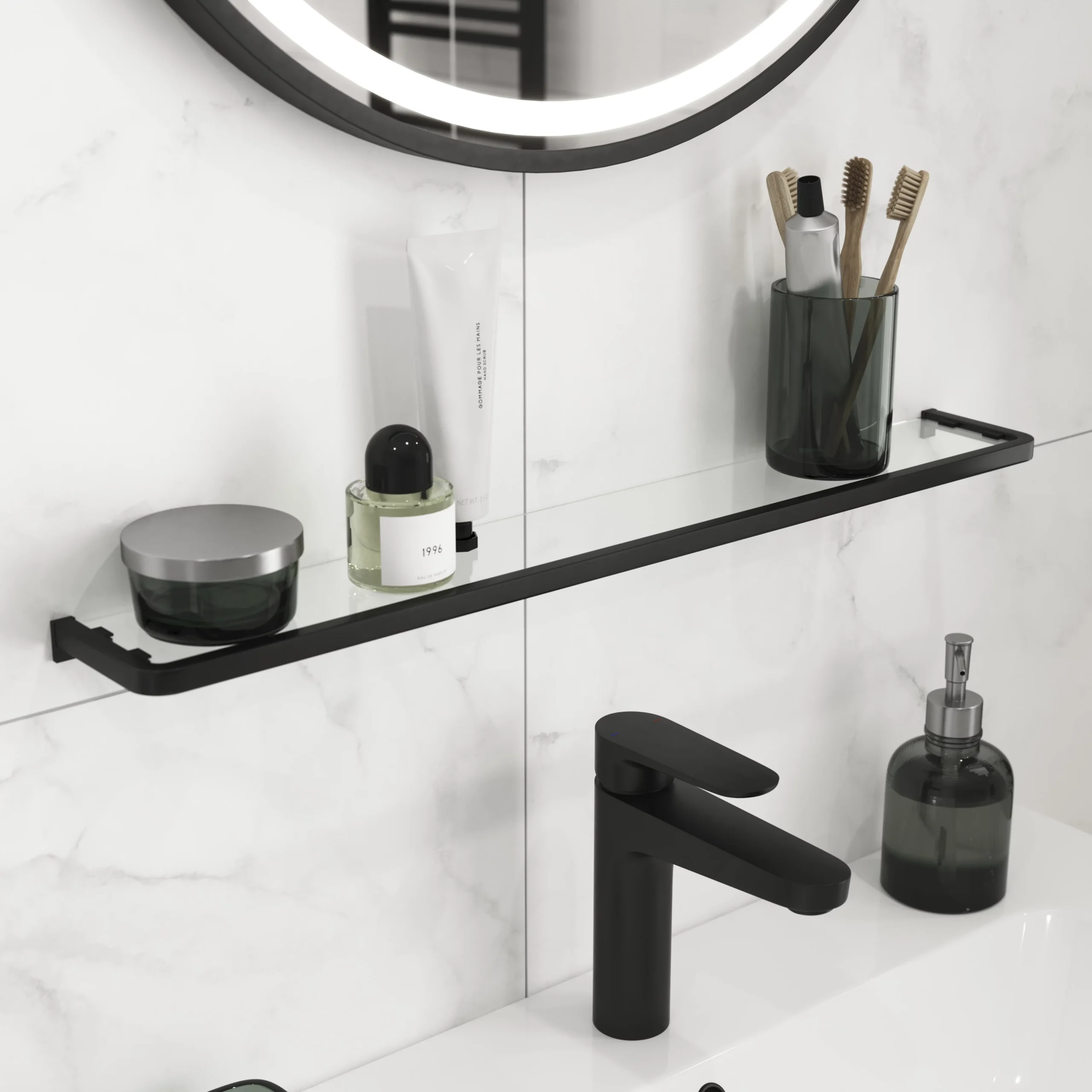 GoodHome Elland Matt Black Steel & Tempered Glass Wall-mounted Bathroom Shelf, (L)600mm (D)120mm (H) 20mm 5 GoodHome Elland Matt Black Steel & Tempered Glass Wall-mounted Bathroom Shelf, (L)600mm (D)120mm (H) 20mm - Image 3