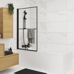 GoodHome Ezili Straight Black Bath Screen, (H)140cm (W)850mm -Trade point goodhome ezili straight black bath screen h 140cm w 850mm5059340248271 01i