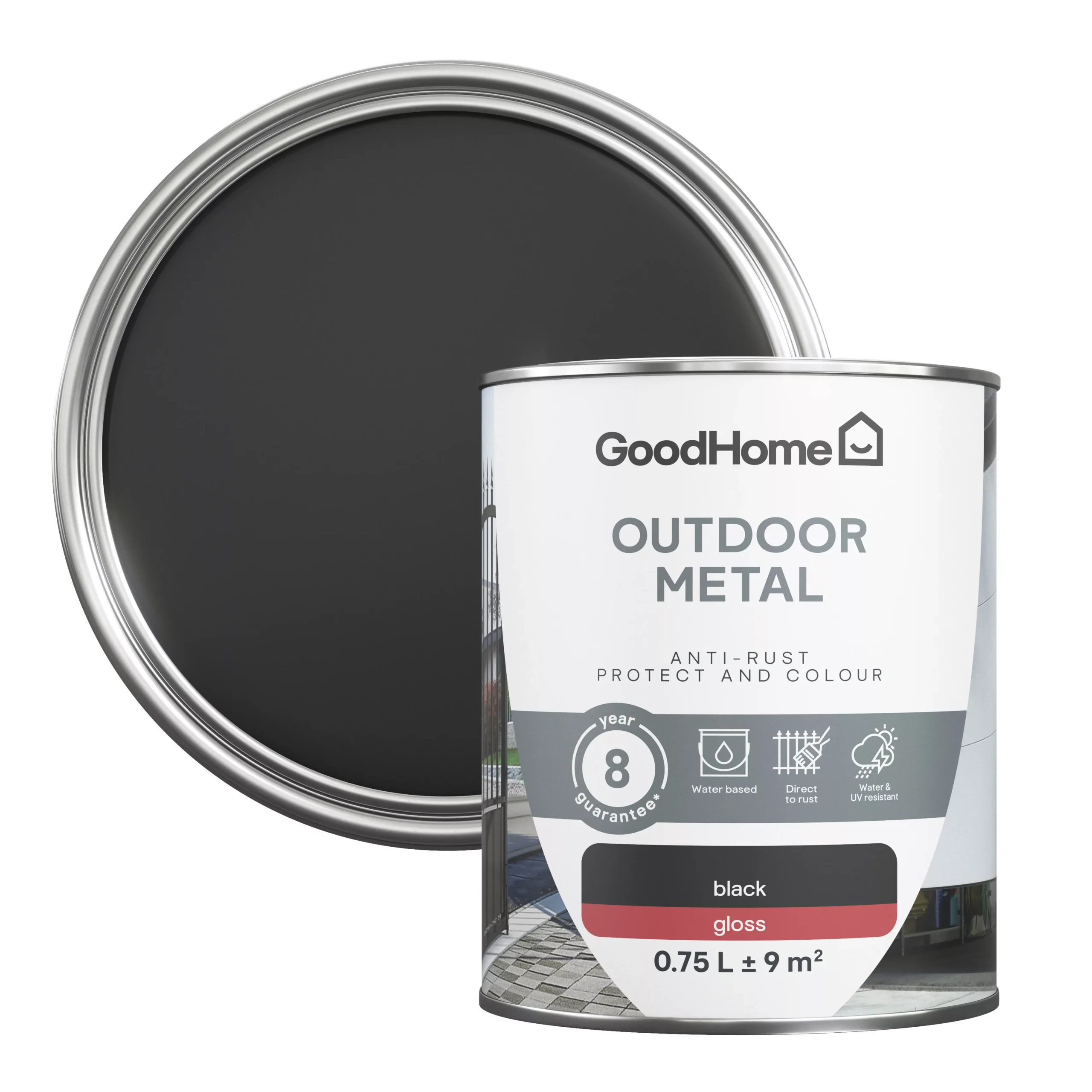 GoodHome Outdoor Black Gloss Exterior Metal Paint, 750ml Tin 3 GoodHome Outdoor Black Gloss Exterior Metal Paint, 750ml Tin