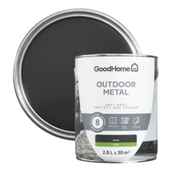 GoodHome Outdoor Black Satinwood Exterior Metal Paint, 2.5L Tin