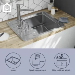 GoodHome Quassia Brushed Stainless Steel 1 Bowl Sink & Drainer With Compact Drainer (W)505mm X (L)635mm 17 GoodHome Quassia Brushed Stainless Steel 1 Bowl Sink & Drainer With Compact Drainer (W)505mm X (L)635mm -Trade point goodhome quassia brushed stainless steel 1 bowl sink drainer with compact drainer w 505mm x l 635mm5059340458342 41i EN