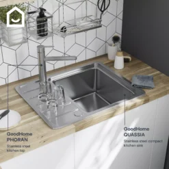 GoodHome Quassia Brushed Stainless Steel 1 Bowl Sink & Drainer With Compact Drainer (W)505mm X (L)635mm 15 GoodHome Quassia Brushed Stainless Steel 1 Bowl Sink & Drainer With Compact Drainer (W)505mm X (L)635mm -Trade point goodhome quassia brushed stainless steel 1 bowl sink drainer with compact drainer w 505mm x l 635mm5059340458342 45i EN