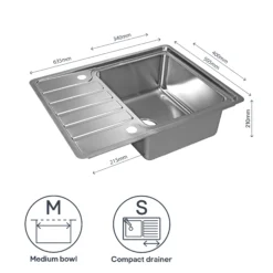 GoodHome Quassia Brushed Stainless Steel 1 Bowl Sink & Drainer With Compact Drainer (W)505mm X (L)635mm 16 GoodHome Quassia Brushed Stainless Steel 1 Bowl Sink & Drainer With Compact Drainer (W)505mm X (L)635mm -Trade point goodhome quassia brushed stainless steel 1 bowl sink drainer with compact drainer w 505mm x l 635mm5059340458342 71c EN