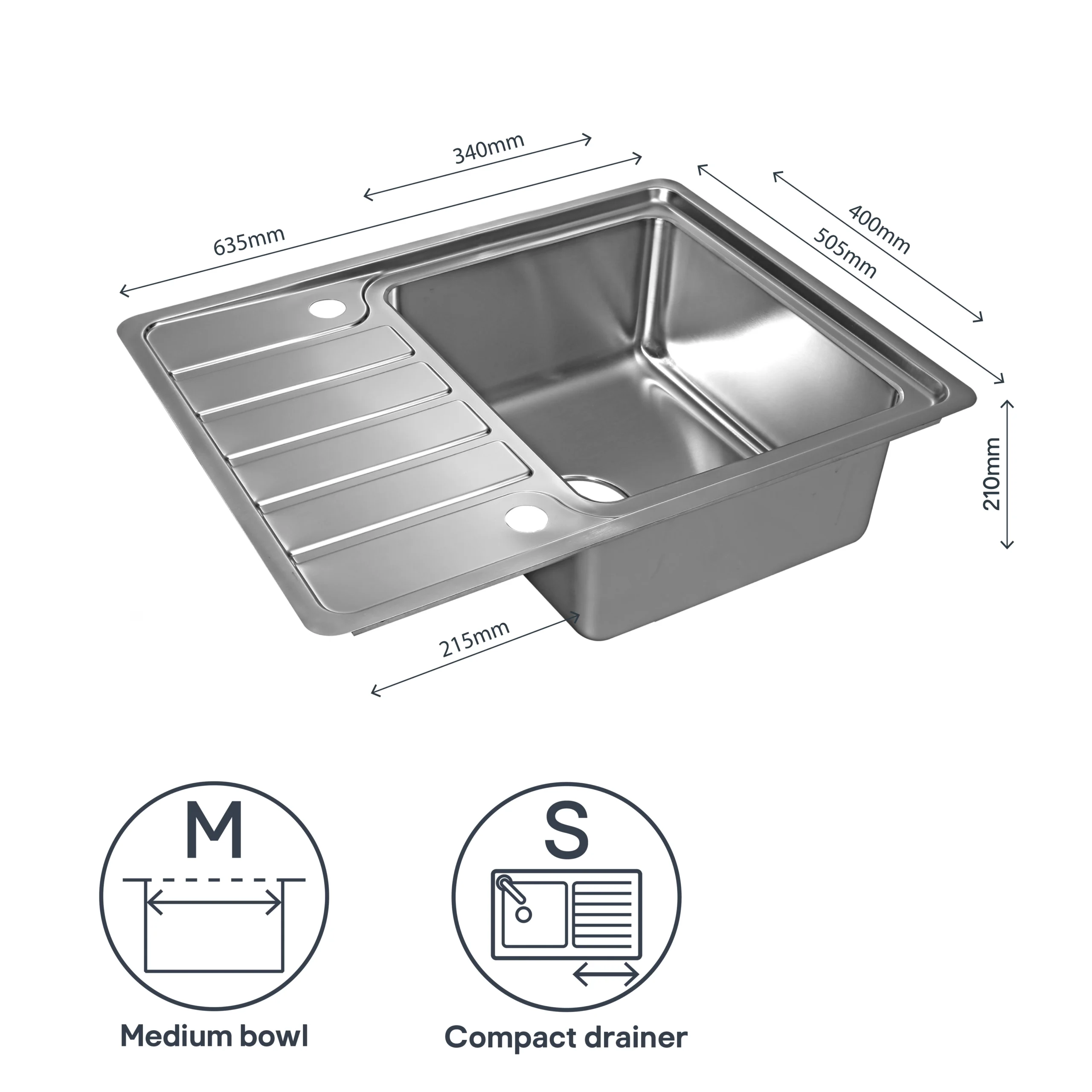 GoodHome Quassia Brushed Stainless Steel 1 Bowl Sink & Drainer With Compact Drainer (W)505mm X (L)635mm 8 GoodHome Quassia Brushed Stainless Steel 1 Bowl Sink & Drainer With Compact Drainer (W)505mm X (L)635mm - Image 6
