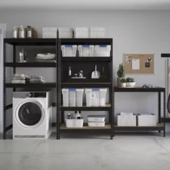 GoodHome Rand Black 5 Shelf MDF & Steel Shelving Unit (H)1800mm (W)970mm -Trade point goodhome rand black 5 shelf mdf steel shelving unit h 1800mm w 970mm5059340214924 01i