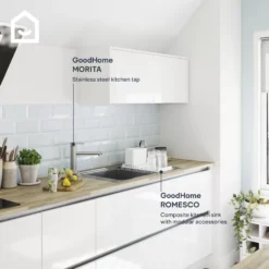 GoodHome Romesco Brushed Stainless Steel 1 Bowl Kitchen Sink With Compact Drainer (W)510mm X (L)770mm -Trade point goodhome romesco brushed stainless steel 1 bowl kitchen sink with compact drainer w 510mm x l 770mm5059340458762 45i EN