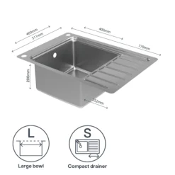 GoodHome Romesco Brushed Stainless Steel 1 Bowl Kitchen Sink With Compact Drainer (W)510mm X (L)770mm -Trade point goodhome romesco brushed stainless steel 1 bowl kitchen sink with compact drainer w 510mm x l 770mm5059340458762 71c EN
