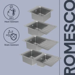 GoodHome Romesco Metallic Effect Stainless Steel Rectangular 1 Bowl Kitchen Sink (W)510mm -Trade point goodhome romesco metallic effect stainless steel rectangular 1 bowl kitchen sink w 510mm5059340458489 75c EN