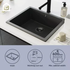 GoodHome Sorrel Black Composite Quartz 1 Bowl Kitchen Sink (W)550mm X (L)460mm -Trade point goodhome sorrel black composite quartz 1 bowl kitchen sink w 550mm x l 460mm5059340458410 41i EN