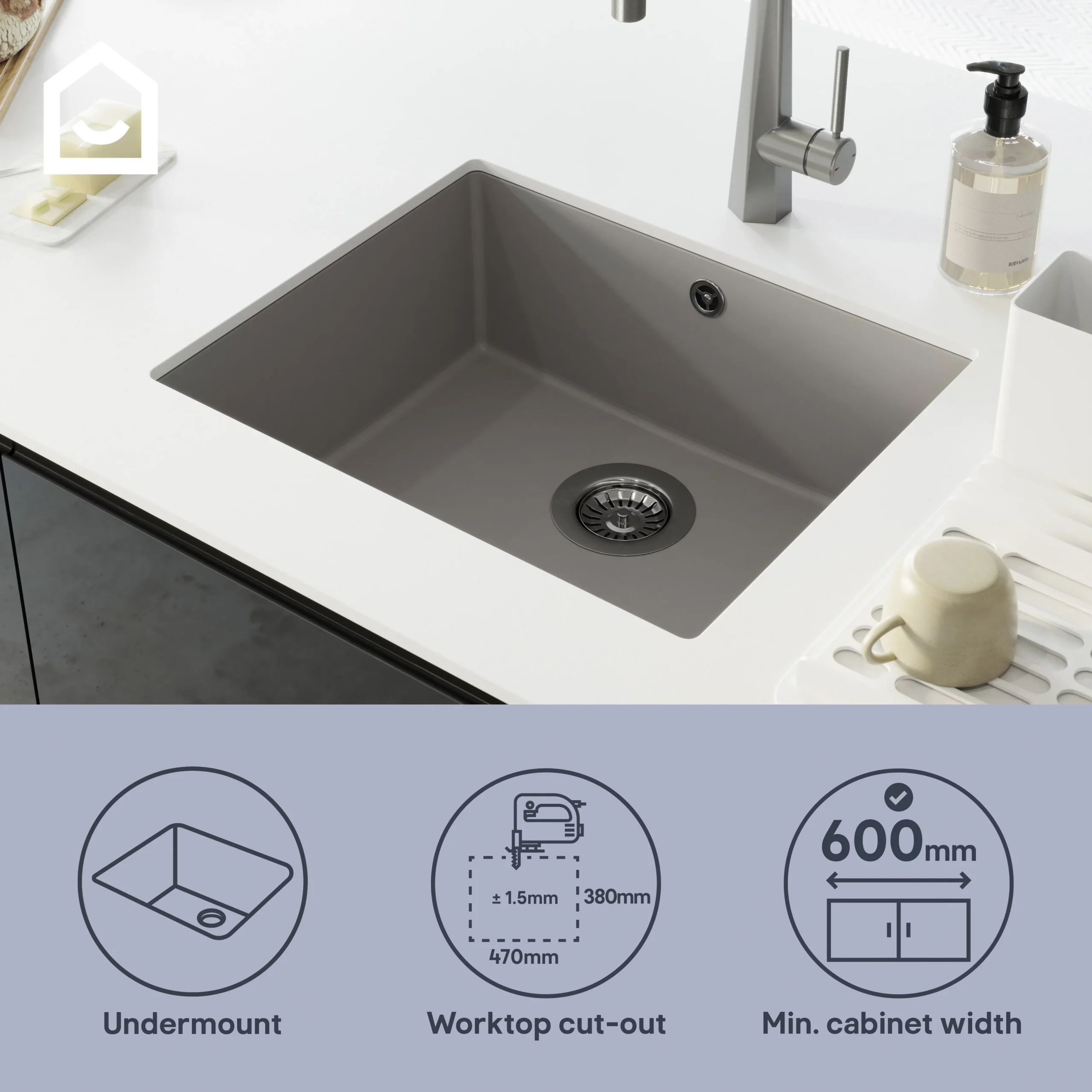 GoodHome Sorrel Grey Composite Quartz 1 Bowl Kitchen Sink (W)550mm X (L)460mm 13 GoodHome Sorrel Grey Composite Quartz 1 Bowl Kitchen Sink (W)550mm X (L)460mm - Image 11